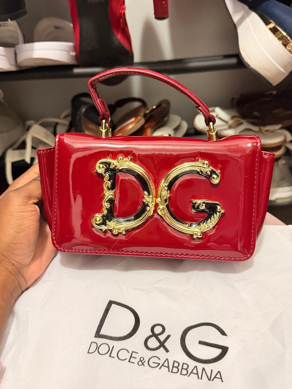 Dolce & Gabbana wine burgundy Patent Mini Top-Handle Bag with Gold DG Emblem